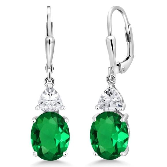 925 Sterling Silver 4.40 Cttw Emerald and Diamond Cubic Zirconia Drop Earrings - Picture 1 of 4